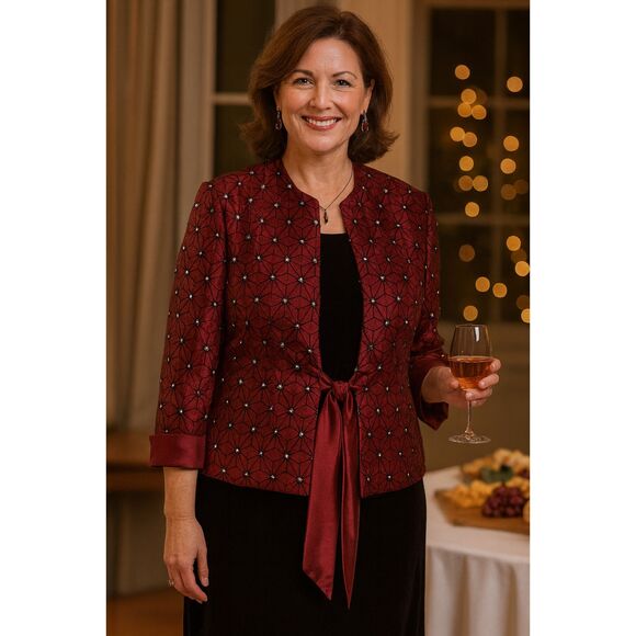 R&M Richards Evening Jacket Sz 14 Burgundy Black Rhinestone Retro Glam Holiday - Picture 1 of 7